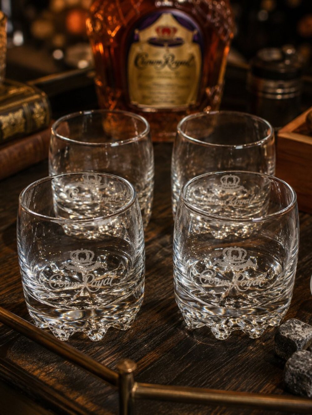 Vintage Crown Royal Whiskey Glasses Set of 4 Made in Italy Heavy Bottom Rocks Tu
